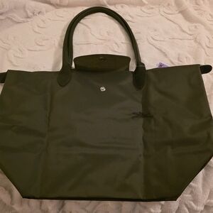 Longchamp Top Handle Bag LE PLIAGE Nylon/Leather Foldable L Size Green